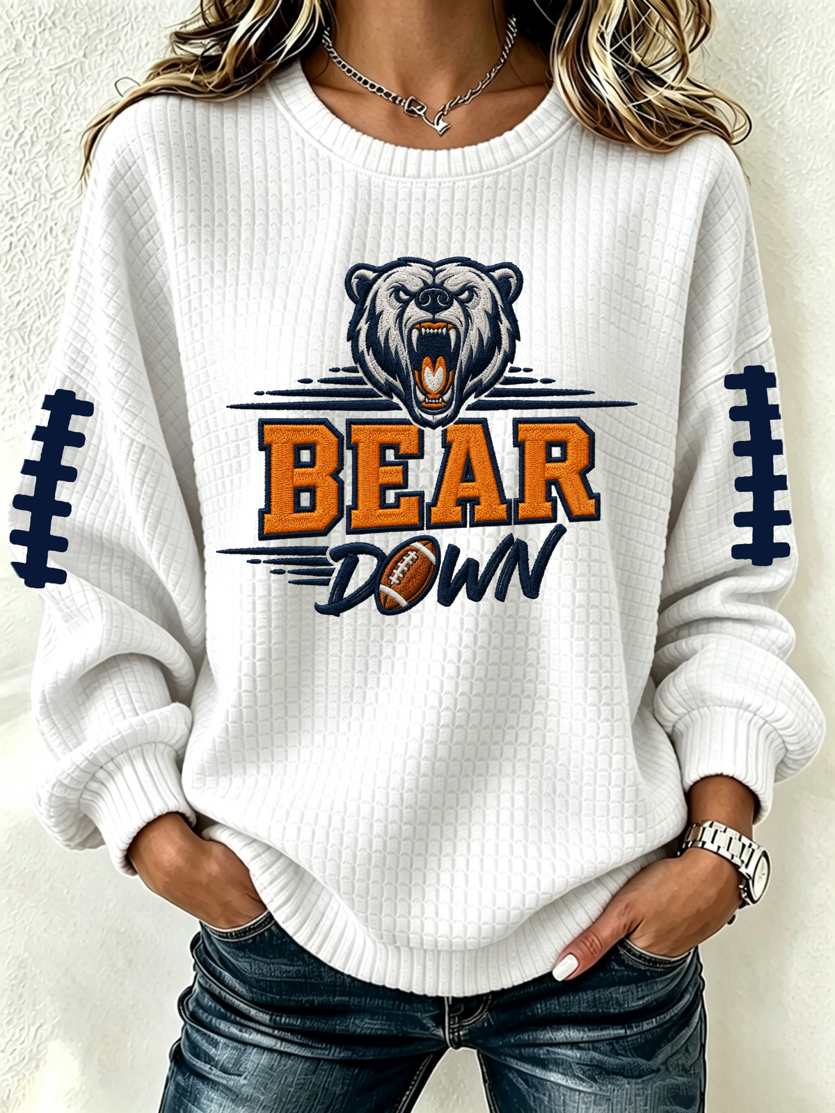 Women's football fan waffle long sleeved round neck sports shirt