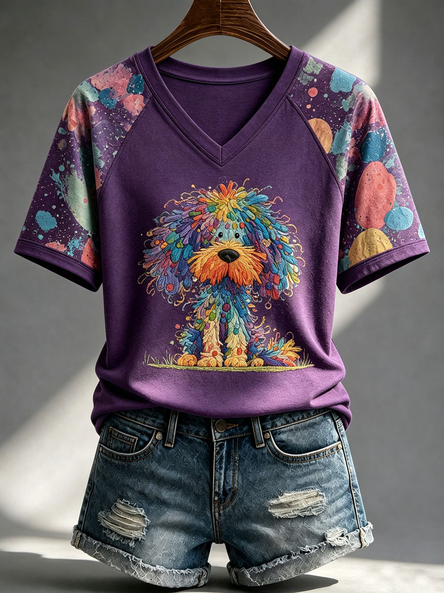 Ladies' Cute Dog V-Neck Casual T-Shirt