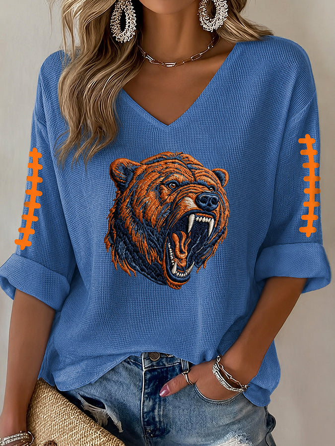 Women'S Rugby Printed Waffle Long Sleeve T-Shirt