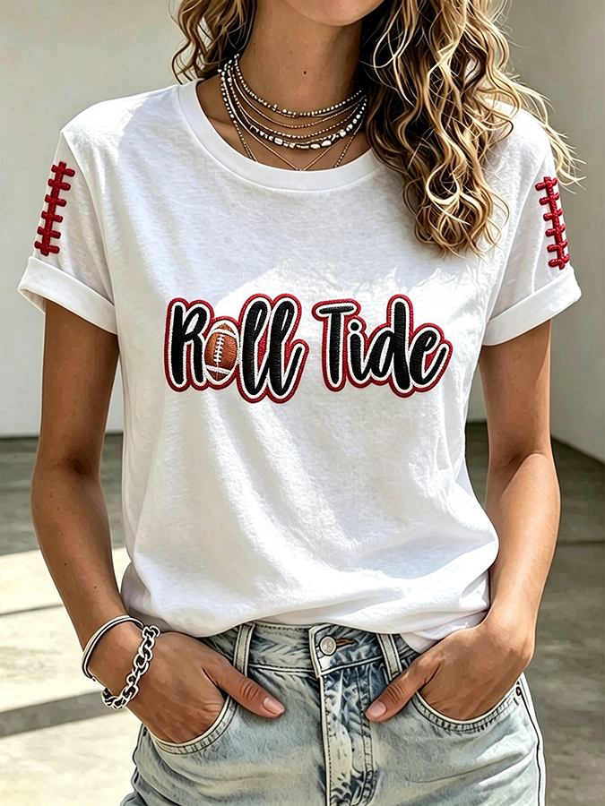 Women'S Rugby Printed Round Neck Short Sleeved T-Shirt
