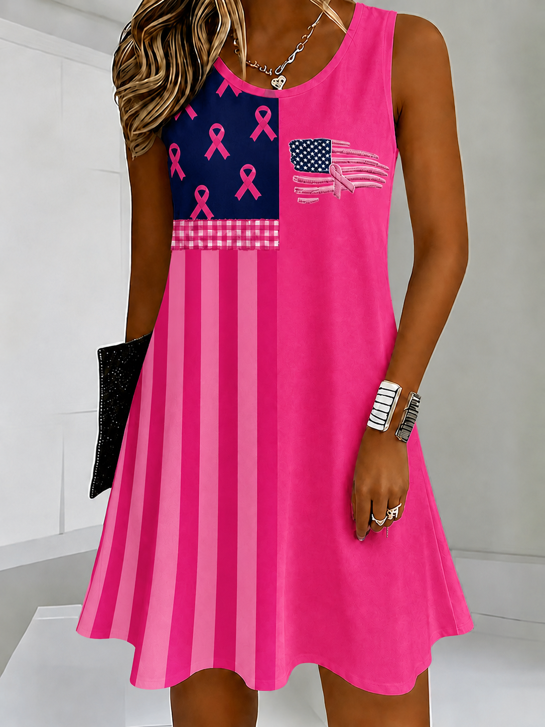 Women'S Flag Breast Cancer Awareness Print Dress
