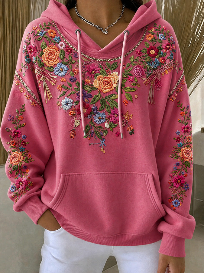 Women'S Casual Pink Floral Hoodie