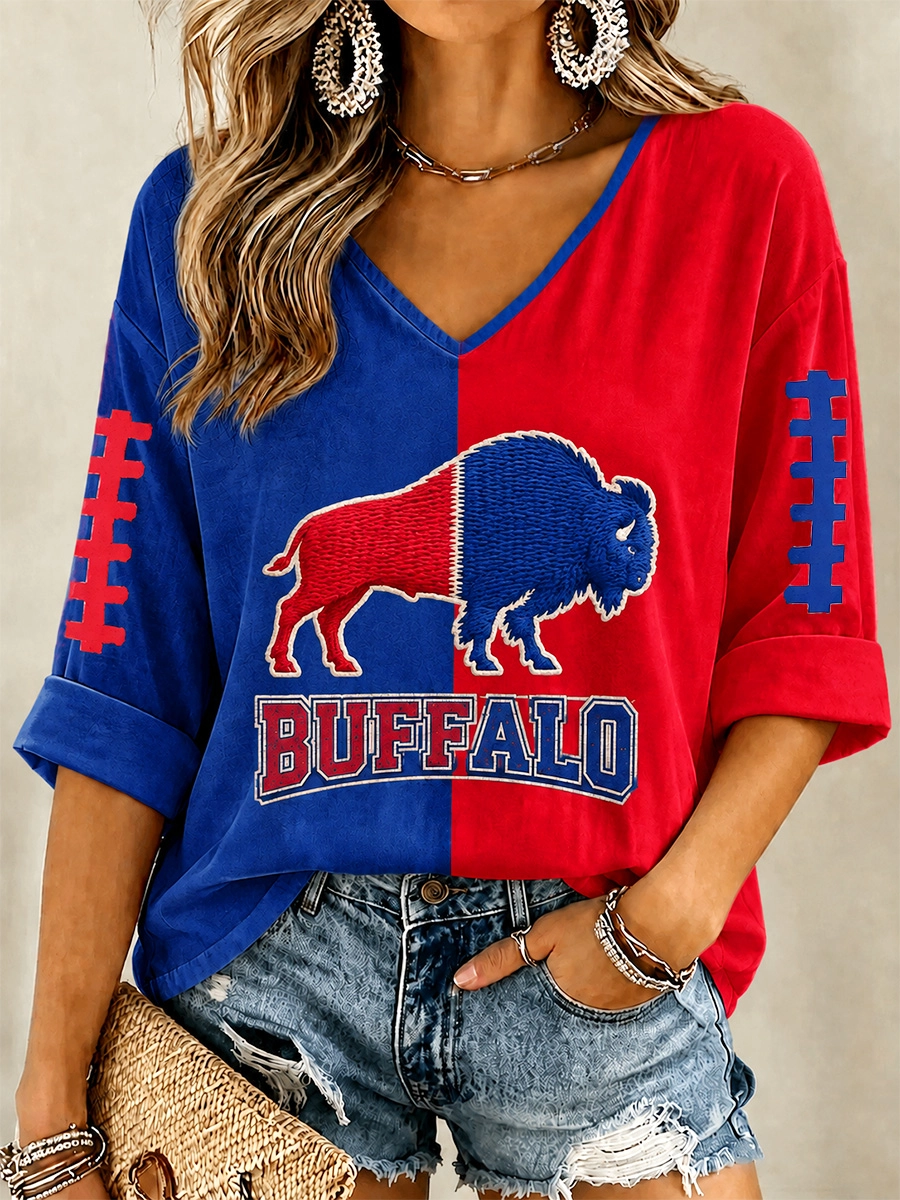 Women'S Football Printed V-Neck Mid Sleeve T-Shirt