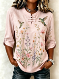 Women's Hummingbird Print Casual Cotton-Linen Shirt