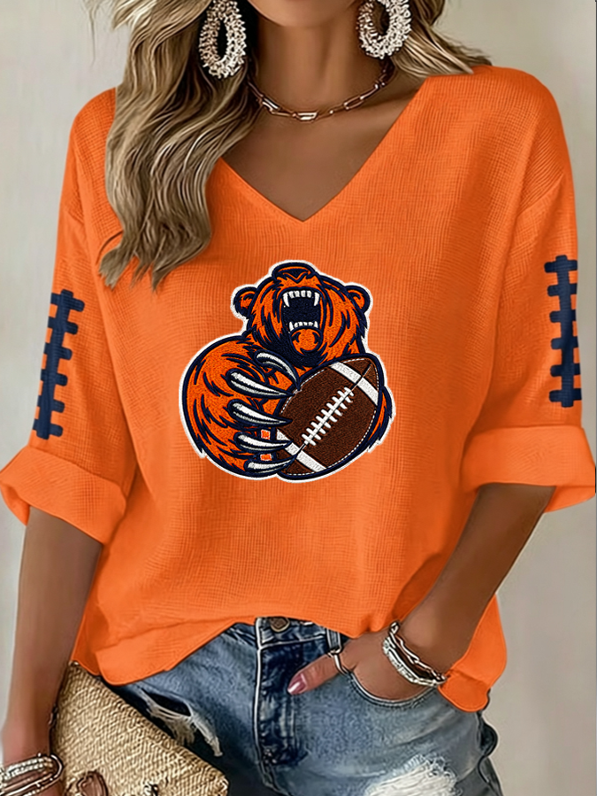 Women'S Rugby Printed Waffle Long Sleeve T-Shirt