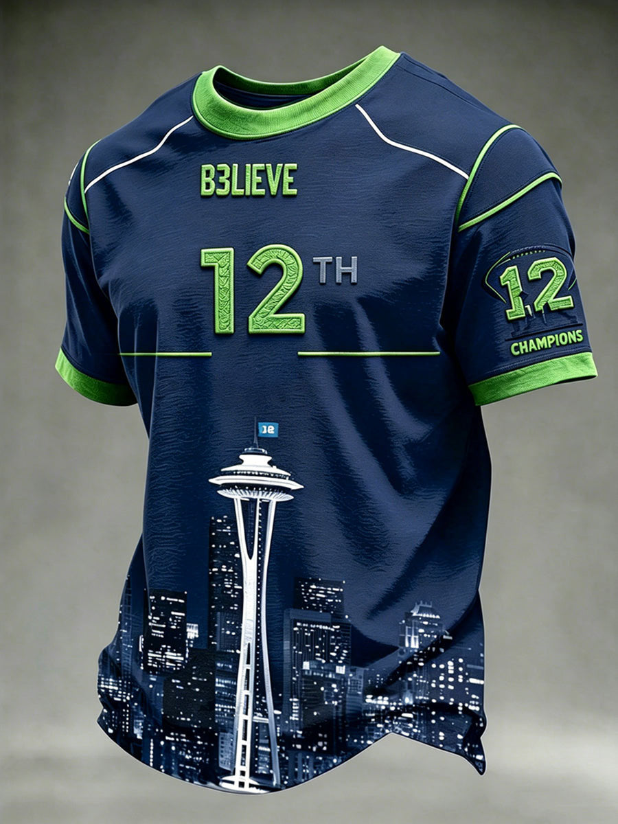 Men's Rugby Seattle Printed Vintage Fashion Loose Short Sleeve T-Shirt