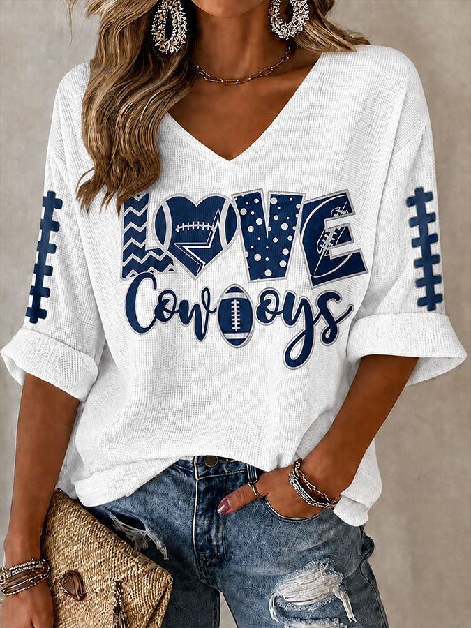 Women'S Football Printed Mid Sleeve V-Neck T-Shirt