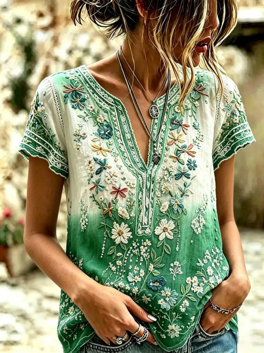 Women's Vintage Floral Textured Art Print Short-Sleeve Top