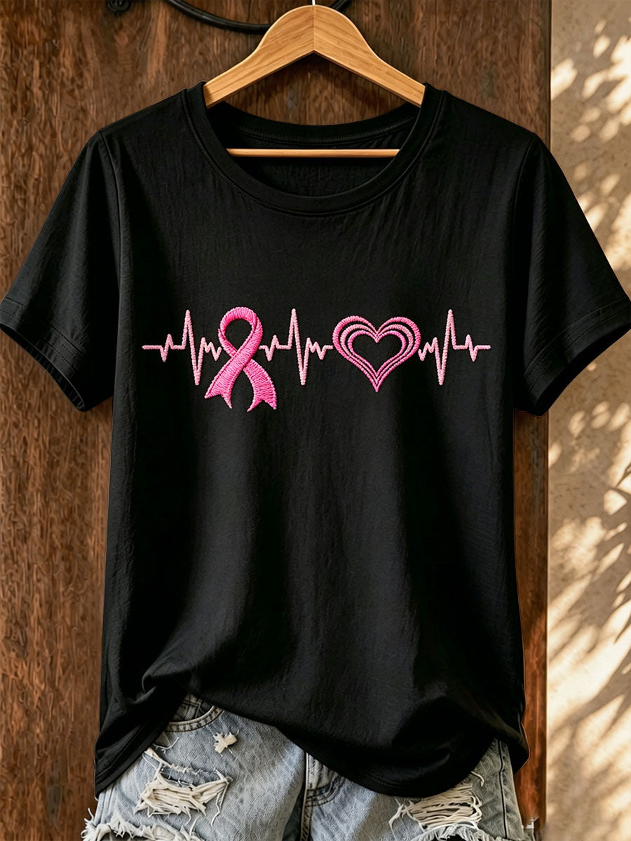 Women's Simple Pink Ribbon Love Embroidered T-Shirt