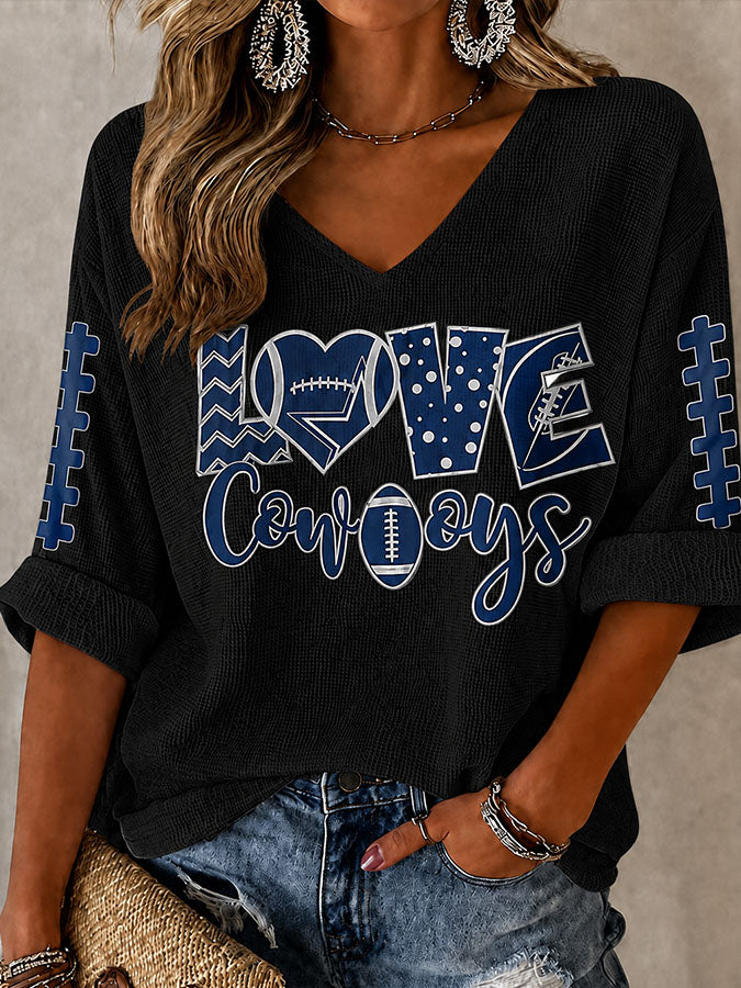 Women'S Football Printed Mid Sleeve V-Neck T-Shirt