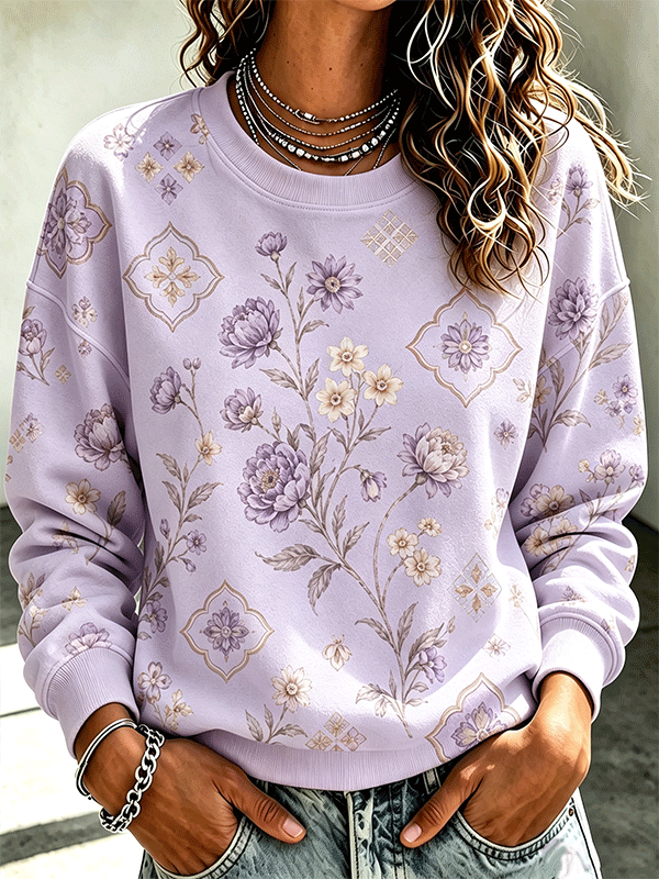 Women's Retro Watercolor Floral Print Crew Neck Loose Sweatshirt