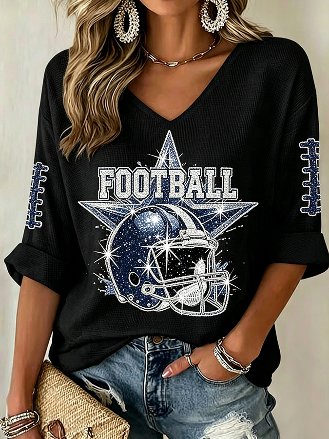 Women'S Rugby Patterned Waffle V-Neck Top