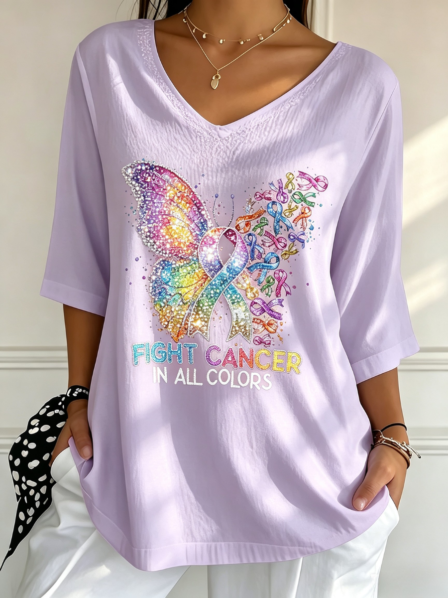 Women's Cancer Awareness V Neck 3/4 Sleeve Casual Tee