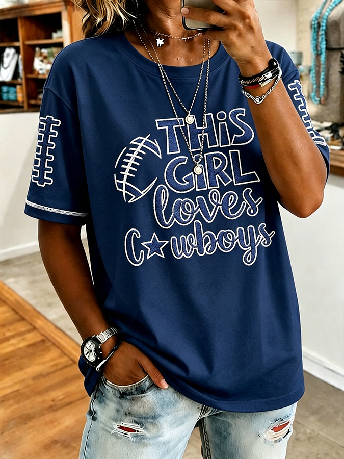 Women'S Football Printed Round Neck Short Sleeve Knitted Shirt
