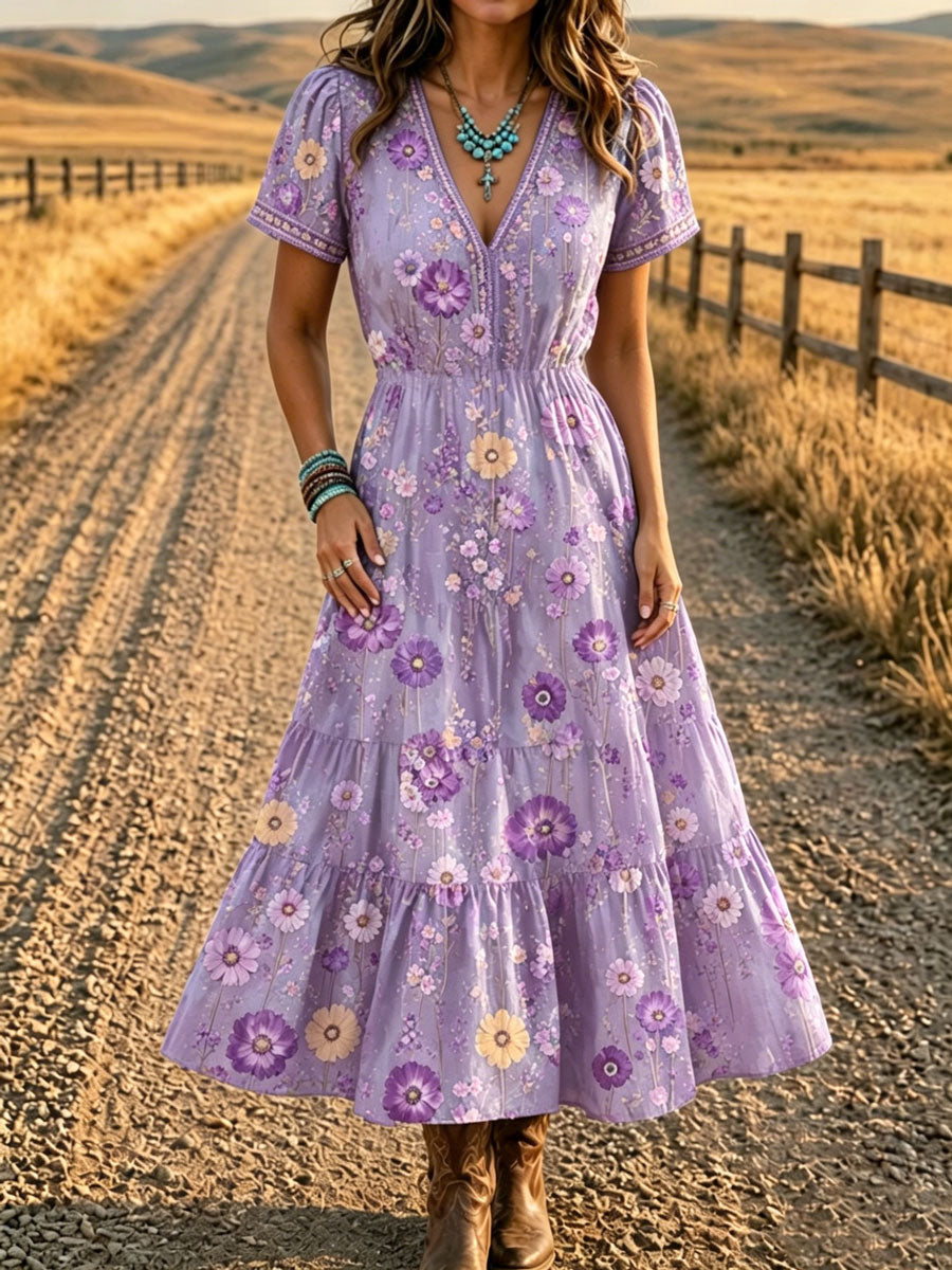 Women'S Western Style V-Neck Short Sleeved Floral Pattern Dress