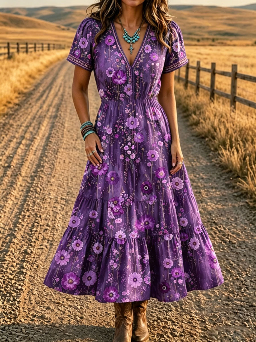 Women'S Western Style V-Neck Short Sleeved Floral Pattern Dress