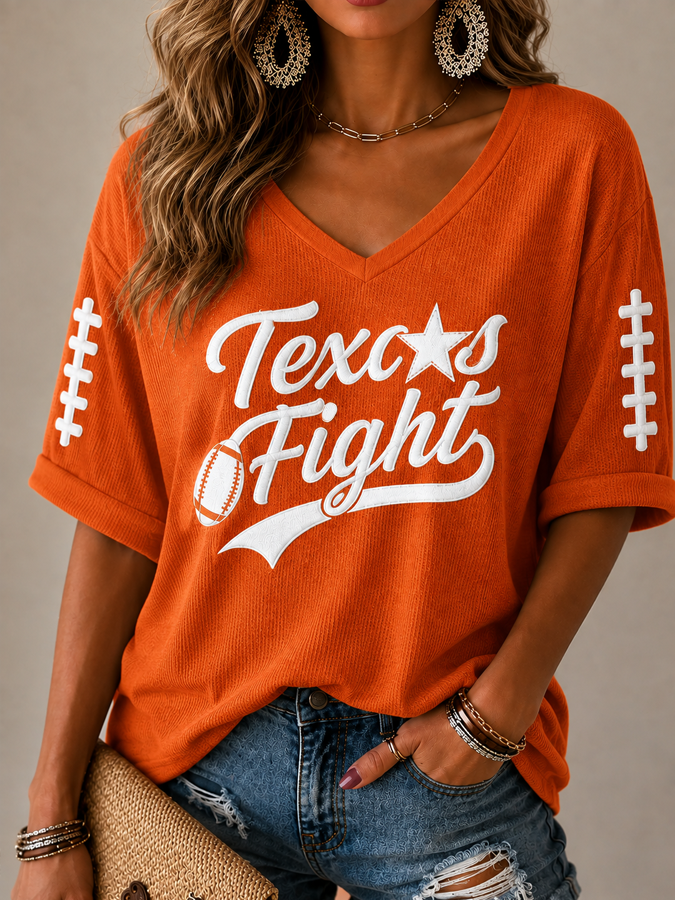 Women'S College Rugby Printed Waffle V-Neck Top