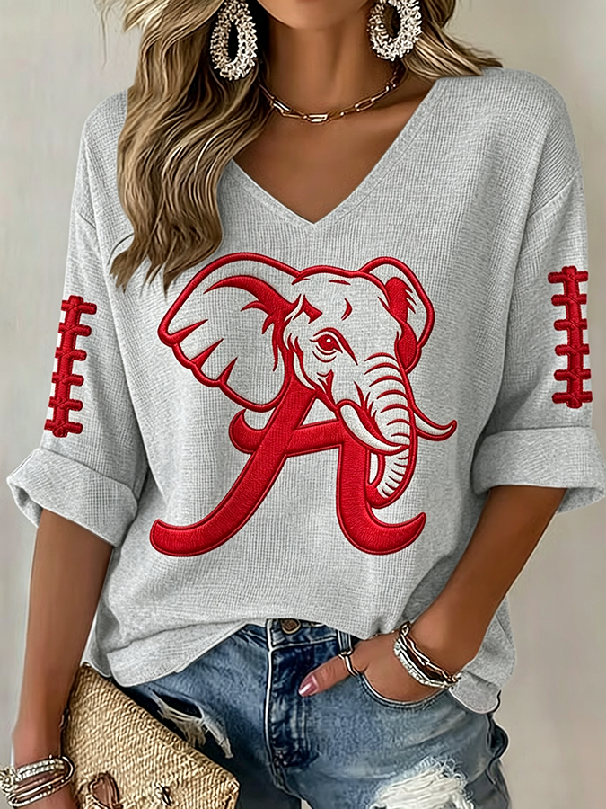 Women'S Rugby Patterned Waffle V-Neck Top
