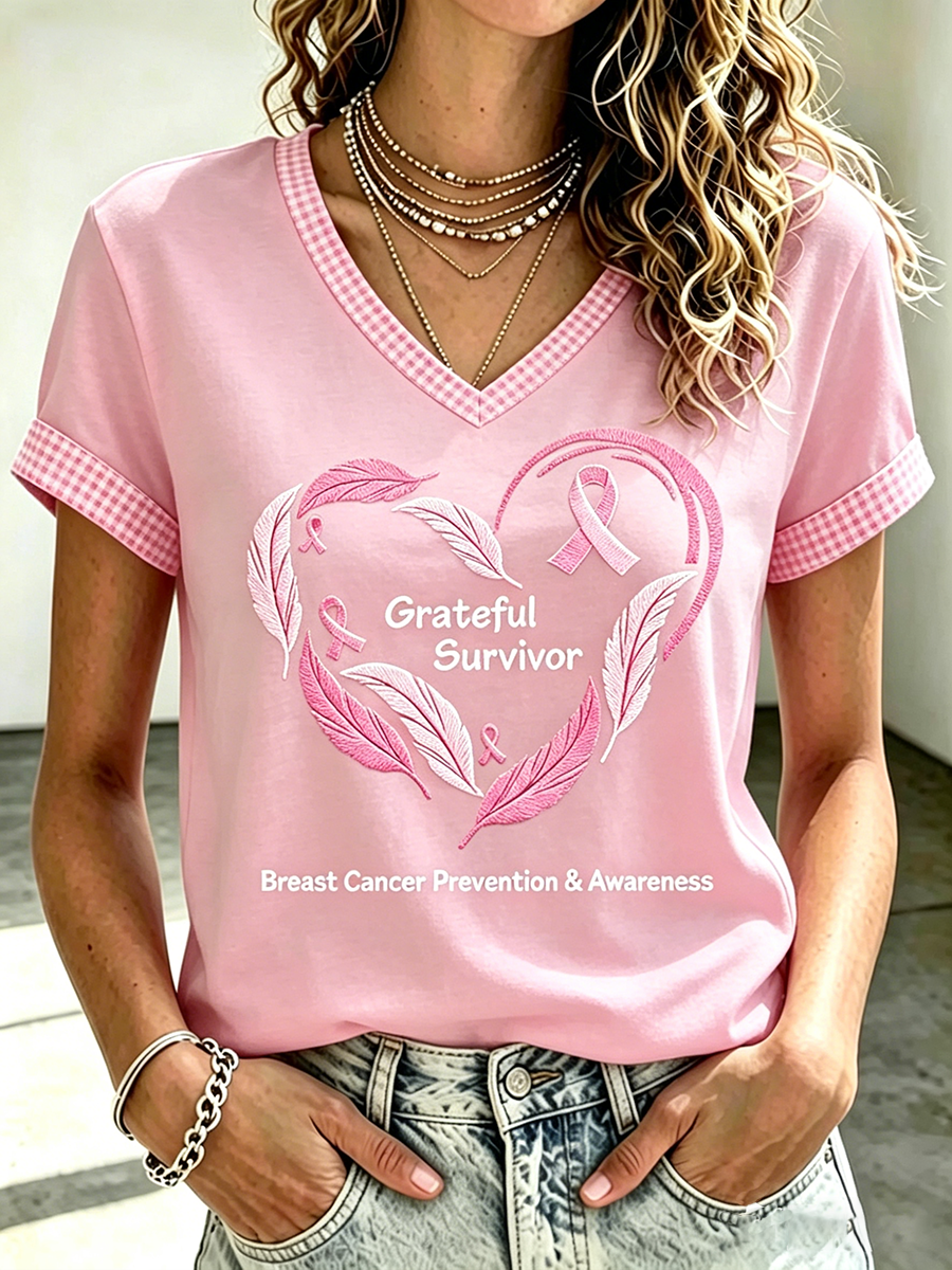 Women's Love Pink Ribbon Embroidered Casual T-shirt
