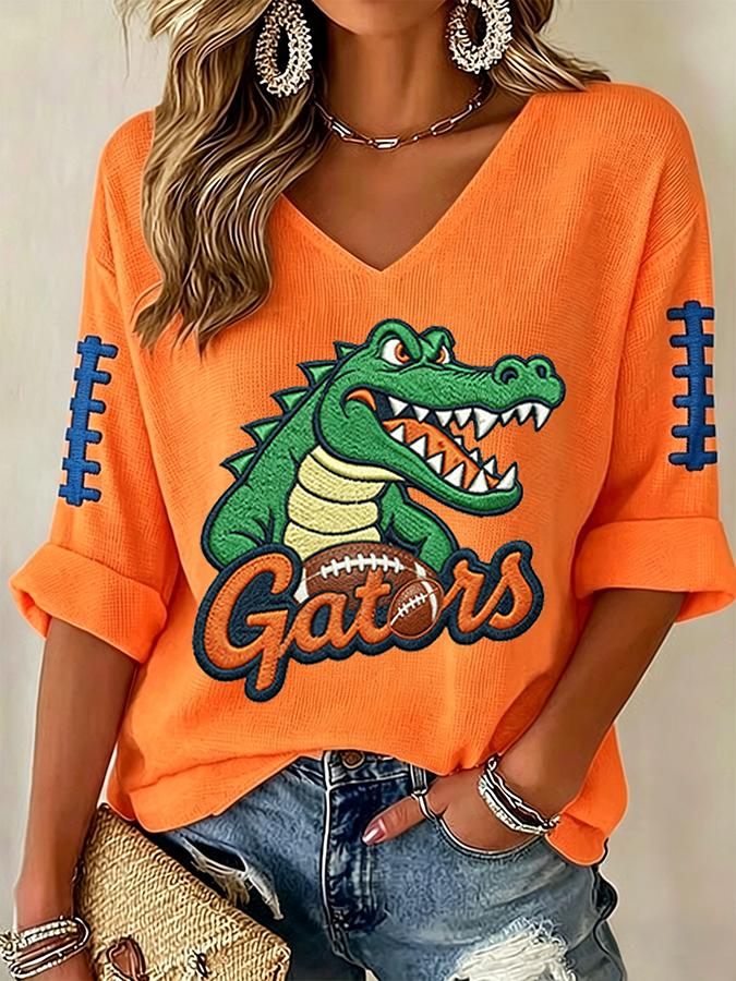 Women'S Rugby Patterned Waffle V-Neck Top