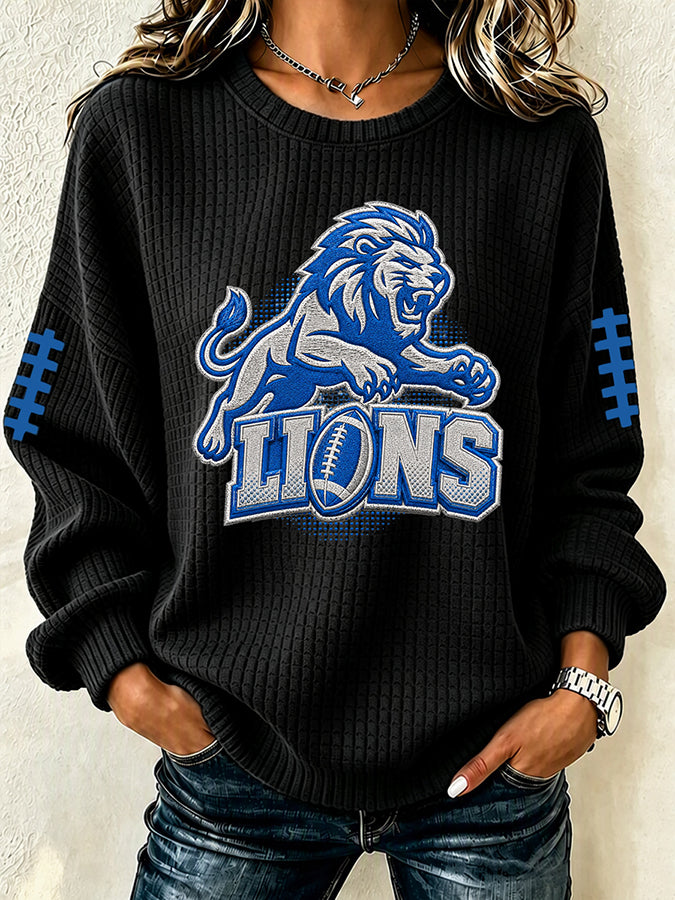 Women'S Football Print Waffle Long Sleeved Round Neck Sweatshirt