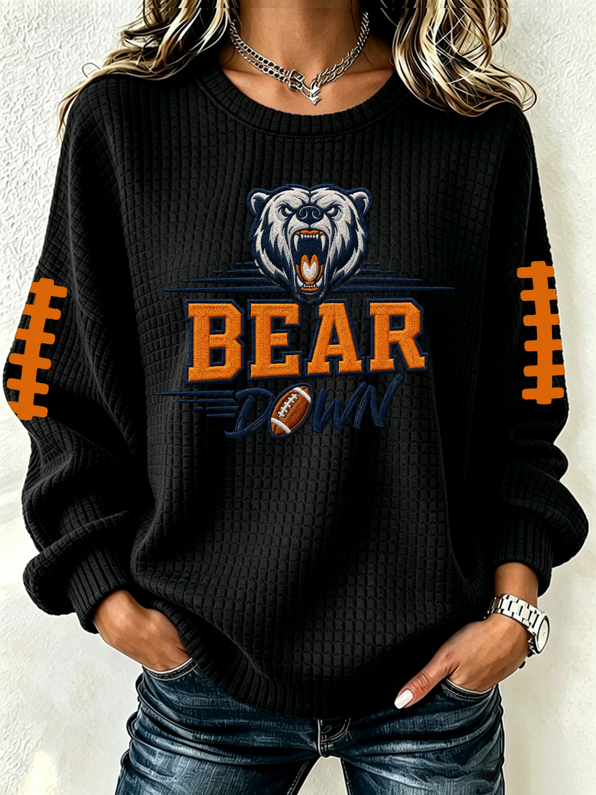 Women's football fan waffle long sleeved round neck sports shirt