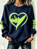 Women'S Football Print Waffle Long Sleeved Round Neck Sweatshirt