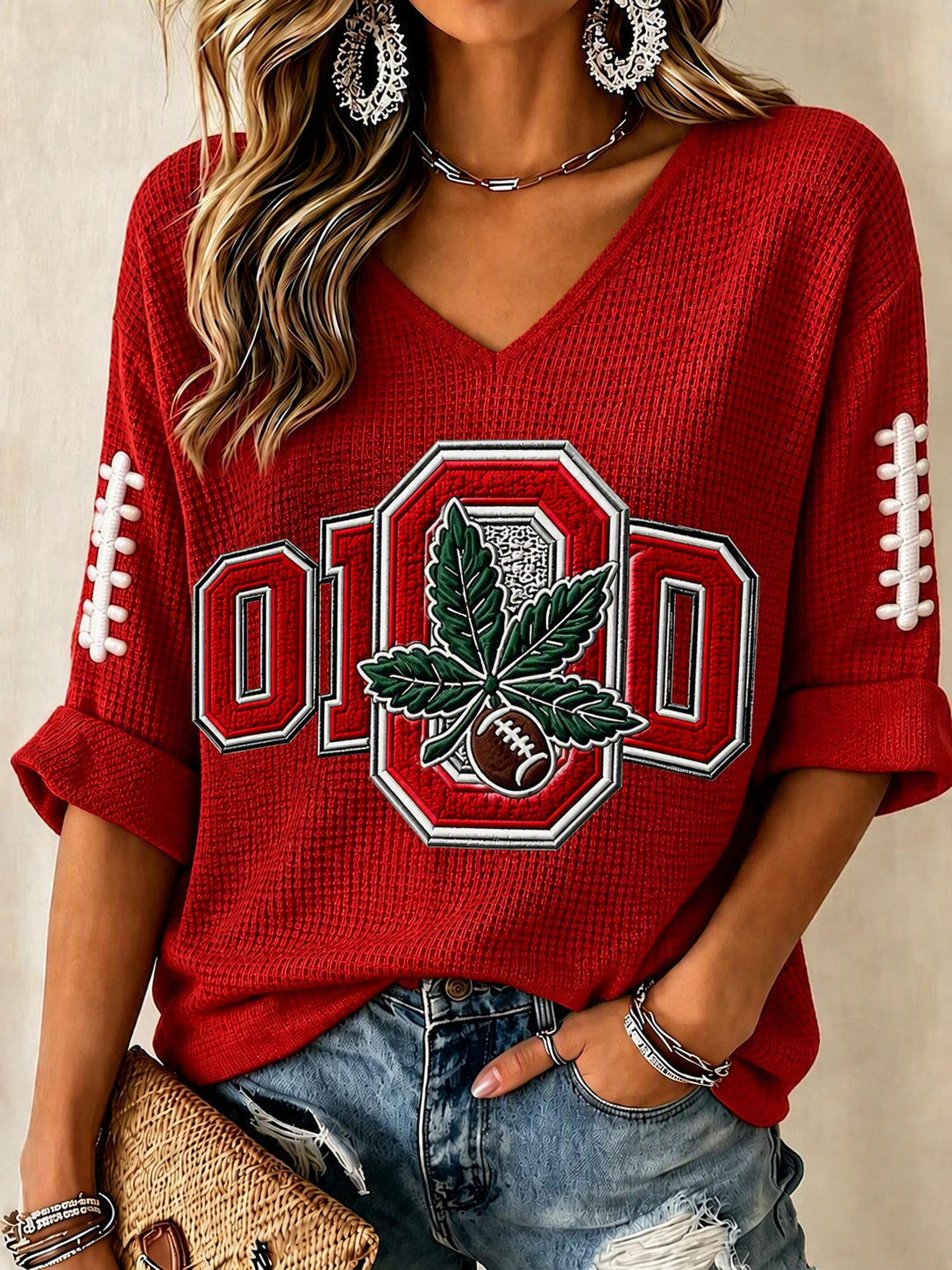 Women'S College Rugby Printed Waffle V-Neck Top