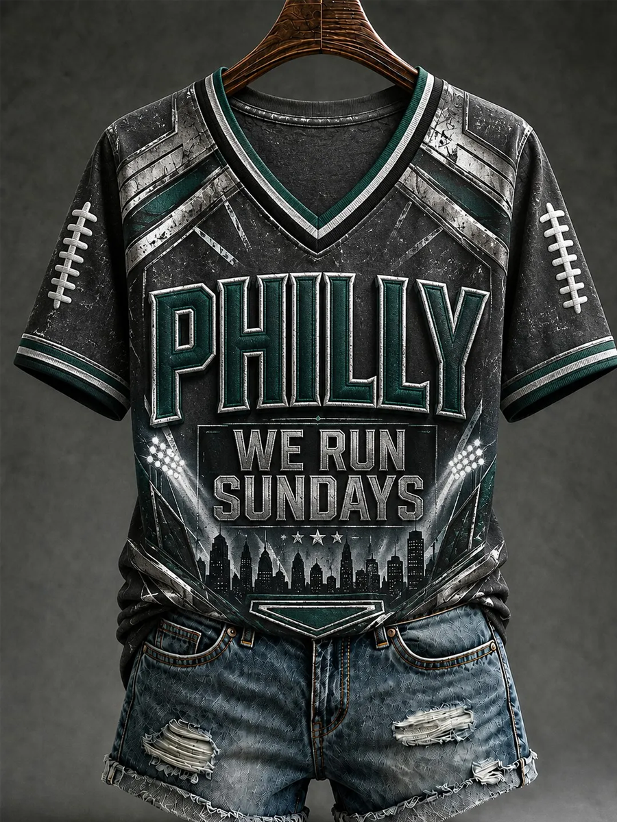 Women's Football Philly WE RUN SUNDAYS Printed V-neck T-shirt