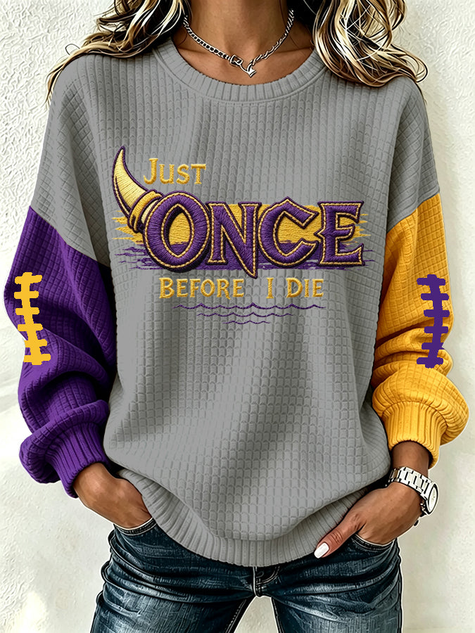 Women'S Football Print Waffle Long Sleeved Round Neck Sweatshirt