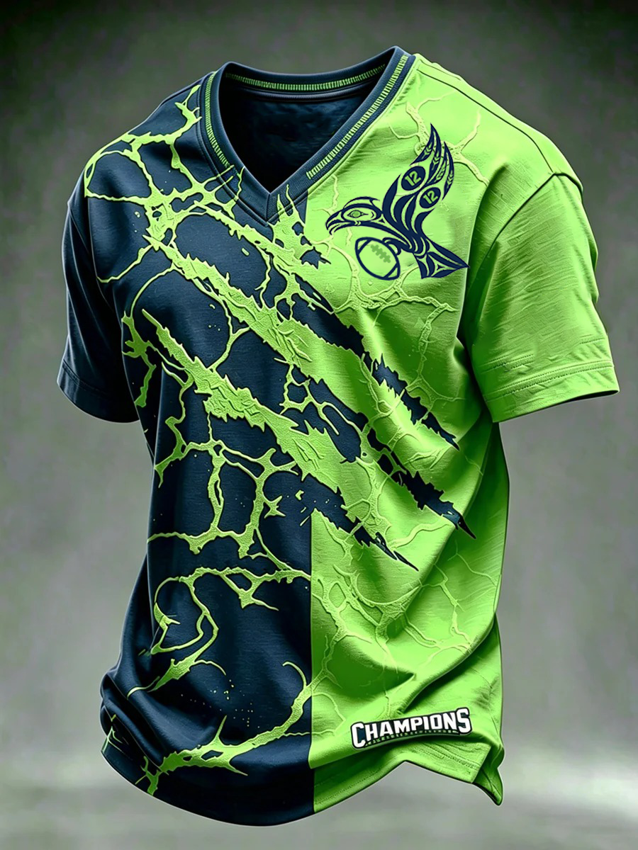 Men's Seattle Football Printed Vintage Fashion Loose Short Sleeve T-Shirt