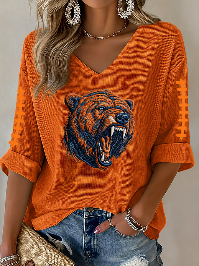 Women'S Rugby Printed Waffle Long Sleeve T-Shirt