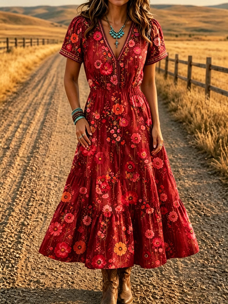 Women'S Western Style V-Neck Short Sleeved Floral Pattern Dress