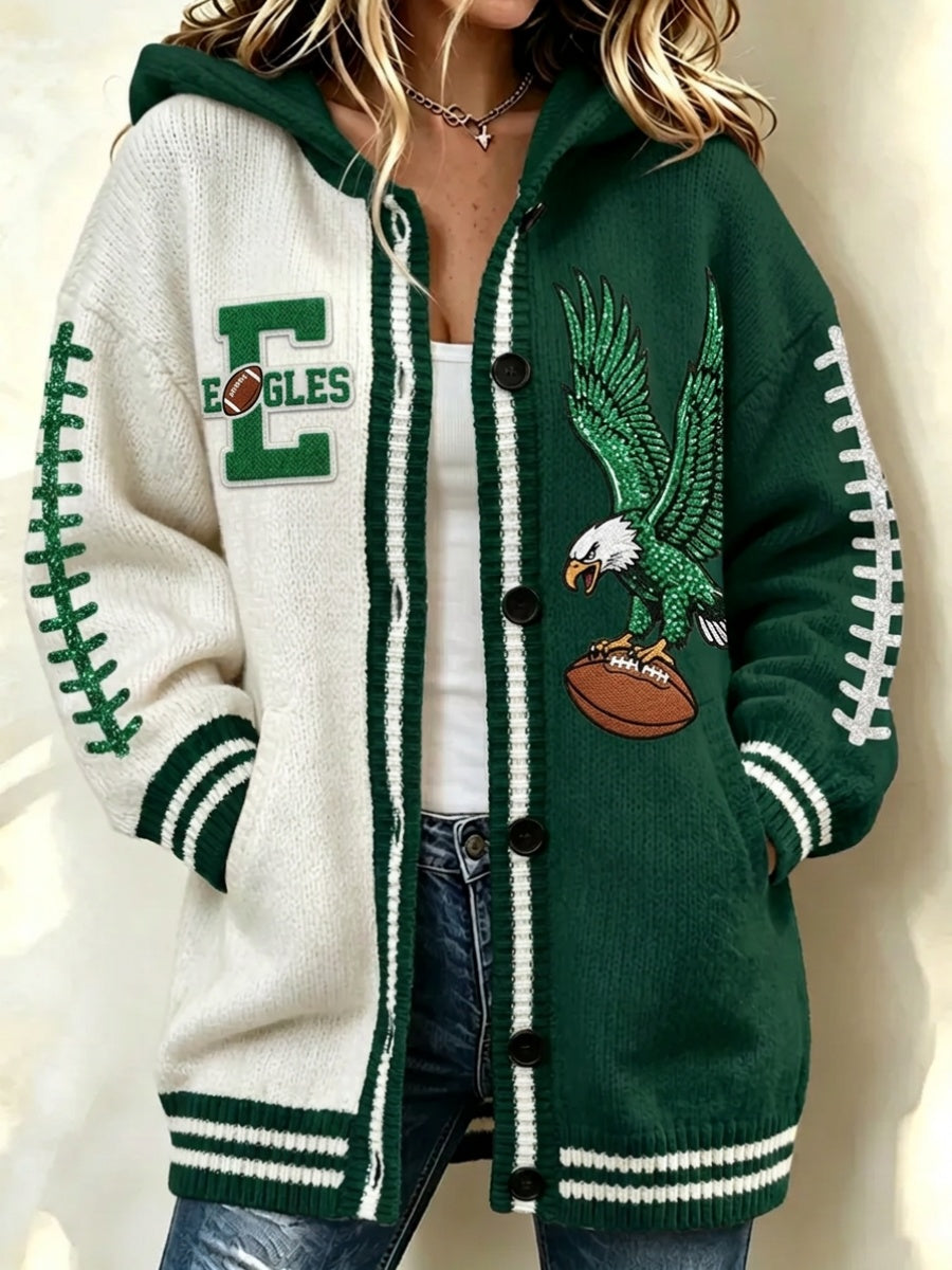 Women'S Football Print Casual Hooded Long Cardigan