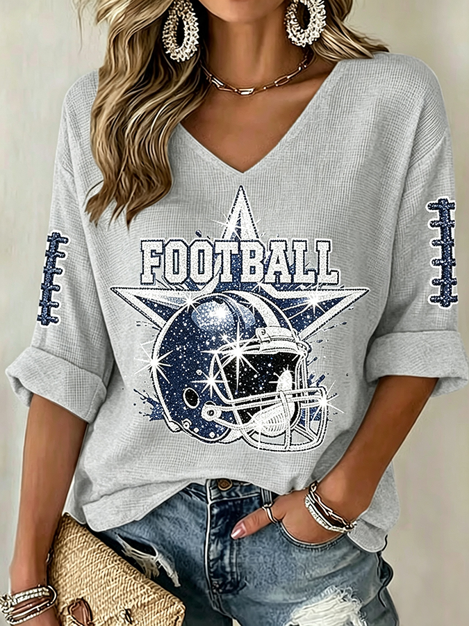 Women'S Rugby Patterned Waffle V-Neck Top