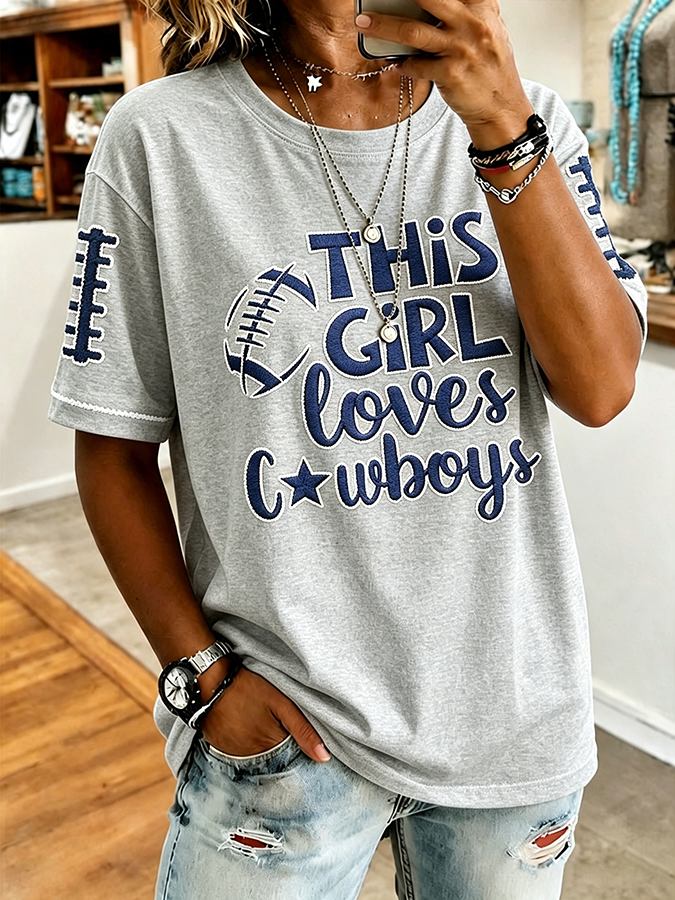 Women'S Football Printed Round Neck Short Sleeve Knitted Shirt