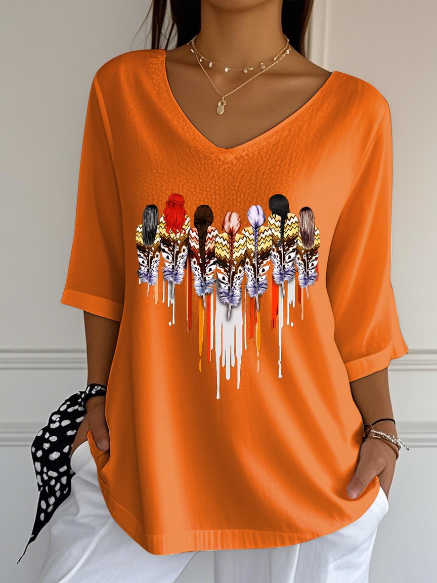 Women's Orange Shirt Day Print Casual V-Neck T-Shirt