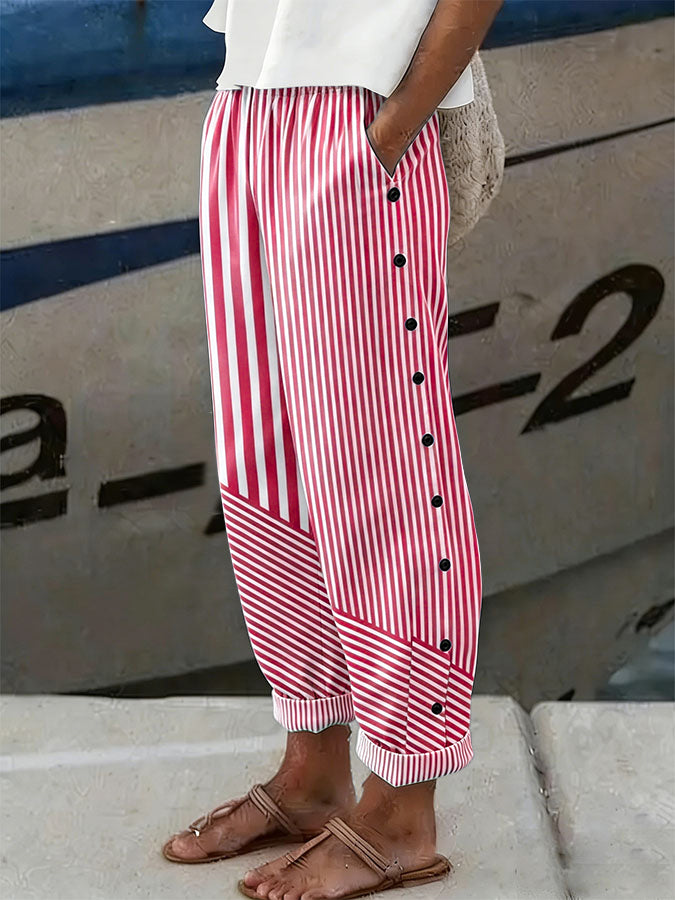 Women'S Casual Pink Stripe Art Breast Cancer Awareness Printed Trousers