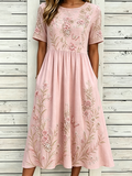 Women's Floral print Cotton Linen Short-Sleeved Dress