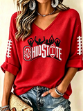 Women'S College Rugby Printed Waffle V-Neck Top