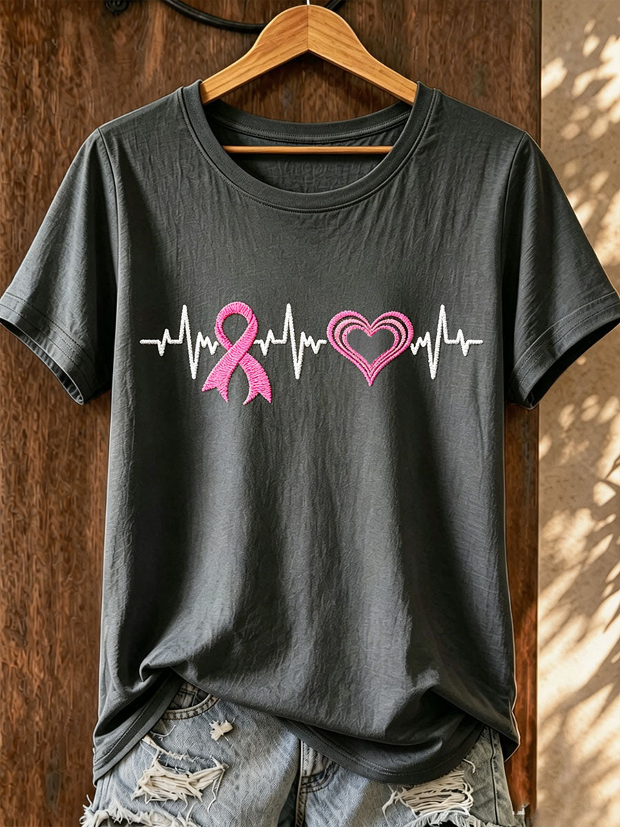Women's Simple Pink Ribbon Love Embroidered T-Shirt