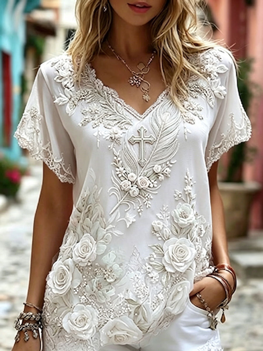 Women's  Cross, Floral Cotton Linen Top