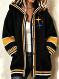 Women'S Football Print Casual Hooded Long Cardigan