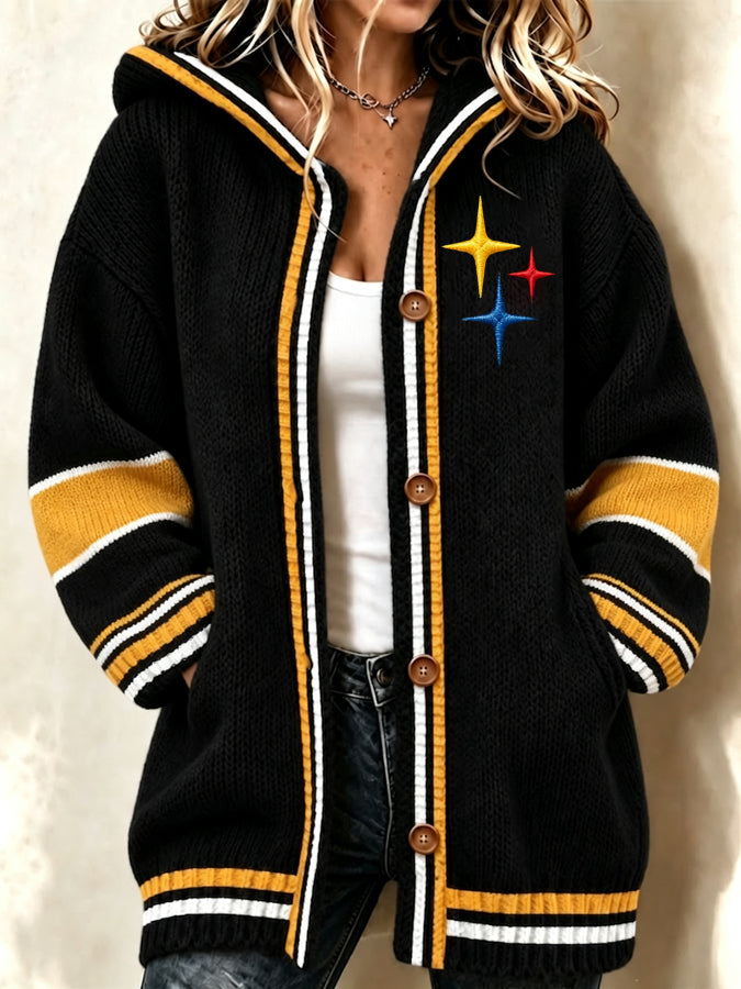 Women'S Football Print Casual Hooded Long Cardigan