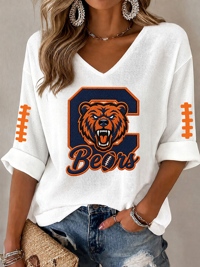 Women'S Rugby Printed Waffle Long Sleeve T-Shirt