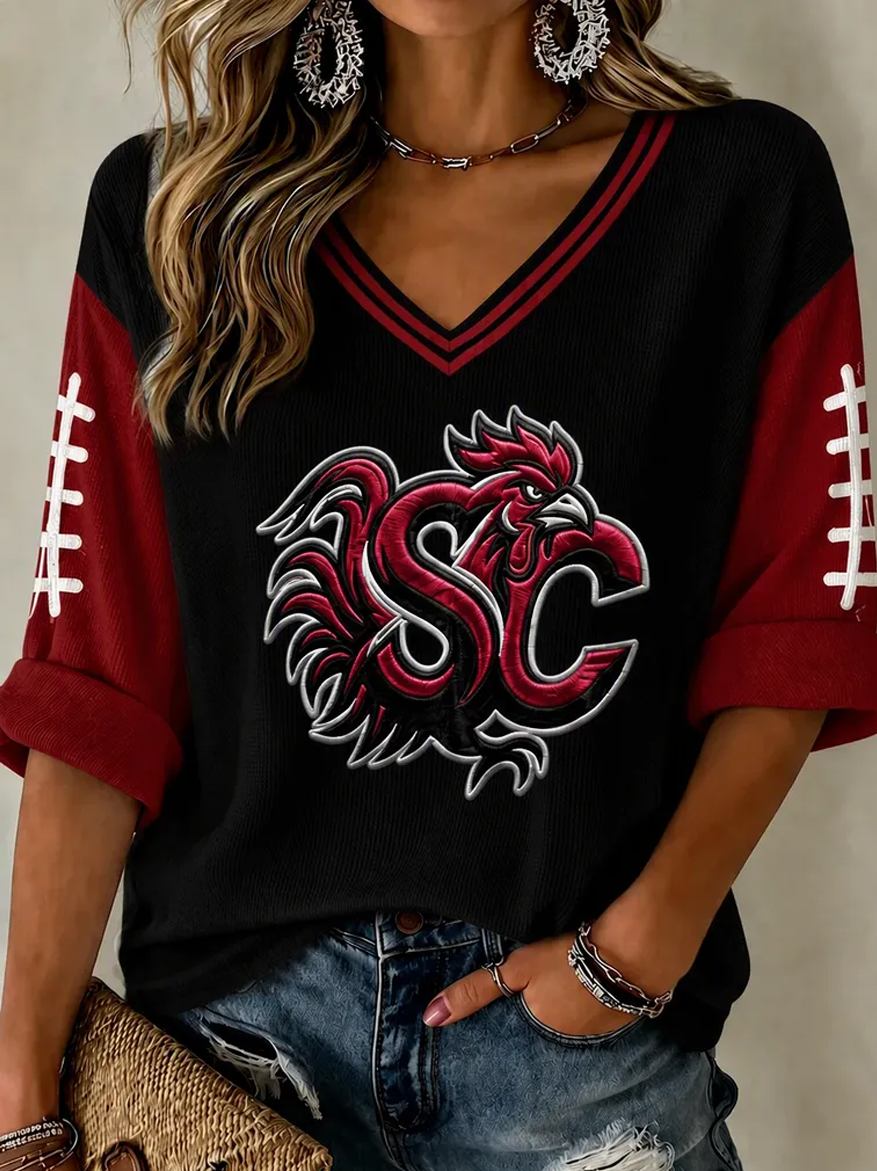 Women'S Football Printed Waffle Long Sleeve T-Shirt
