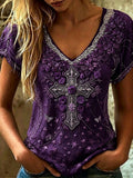 Women's Vintage Cotton-Linen Top with Cross Pattern