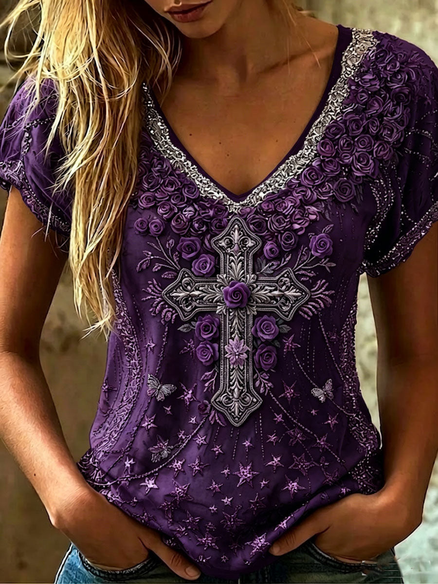 Women's Vintage Cotton-Linen Top with Cross Pattern