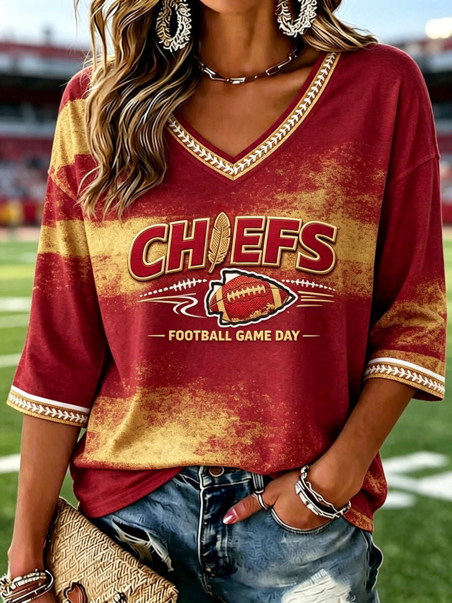 Women's Football Game Print V Neck Top