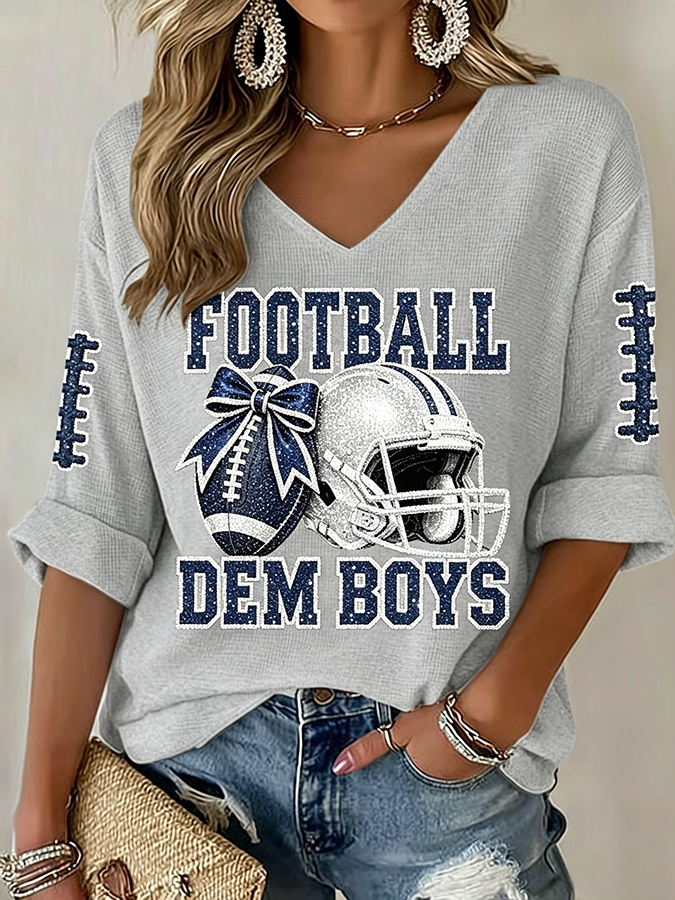 Women'S Rugby Patterned Waffle V-Neck Top